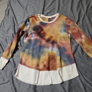 Cactus And Pearl Soft Waffle Knit Sweater Size Medium Contrast White Trim Tiedye